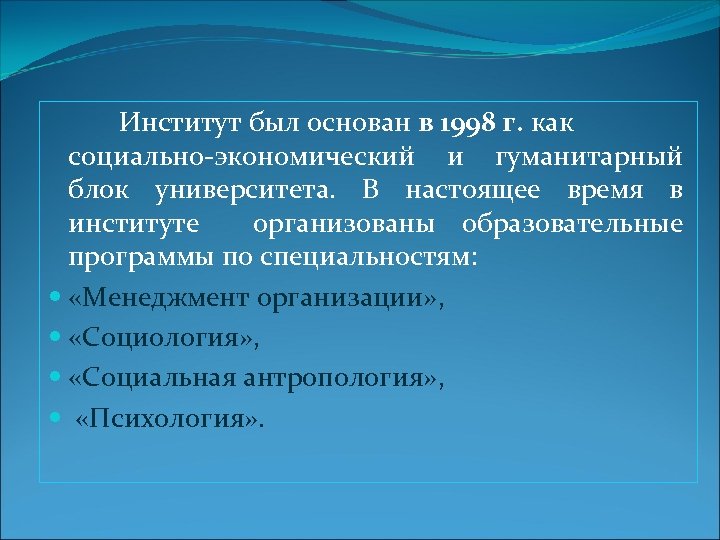 Институт был основан в 1998 г. как социально-экономический и гуманитарный блок университета. В настоящее