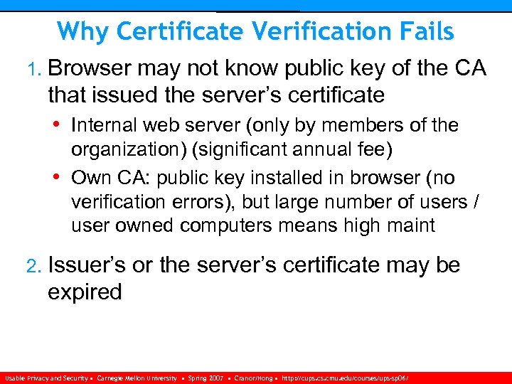 Why Certificate Verification Fails 1. Browser may not know public key of the CA