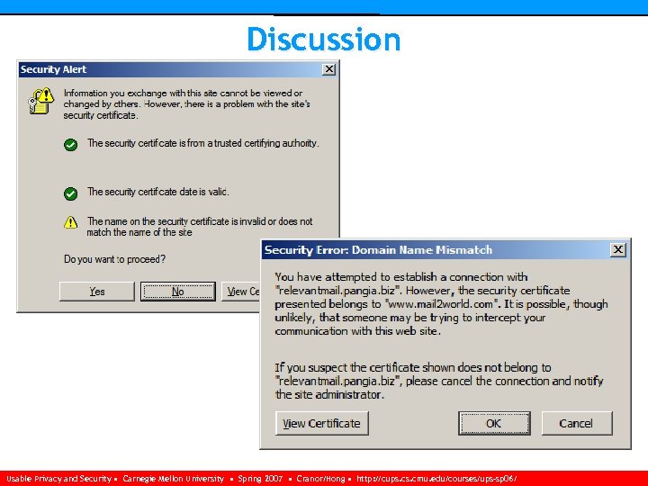 Discussion Usable Privacy and Security • Carnegie Mellon University • Spring 2007 • Cranor/Hong