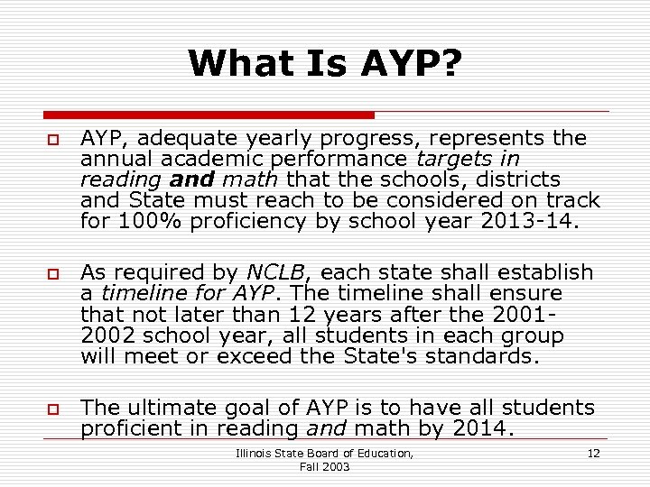 What Is AYP? o o o AYP, adequate yearly progress, represents the annual academic