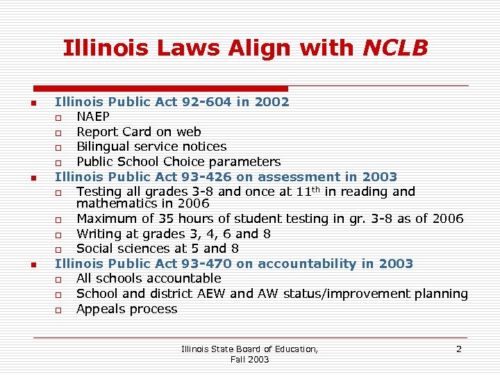 Illinois Laws Align with NCLB n n n Illinois Public Act 92 -604 in