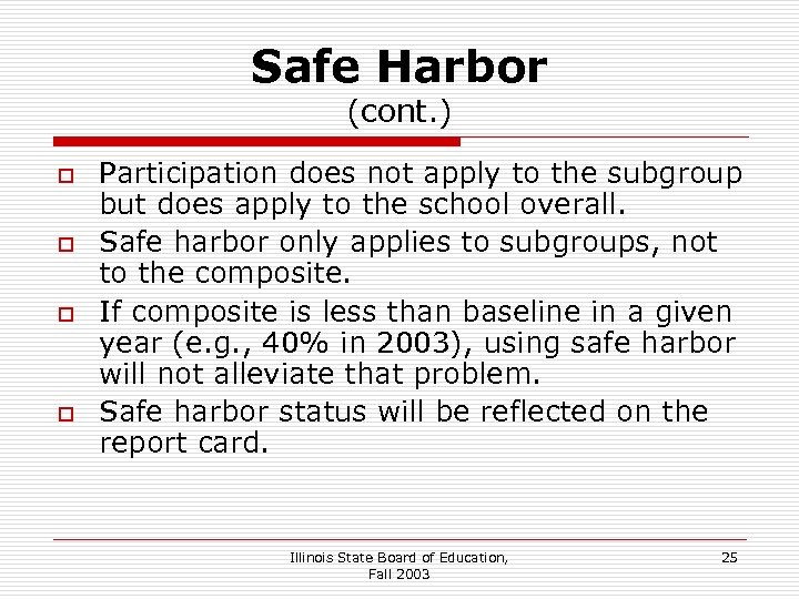 Safe Harbor (cont. ) o o Participation does not apply to the subgroup but