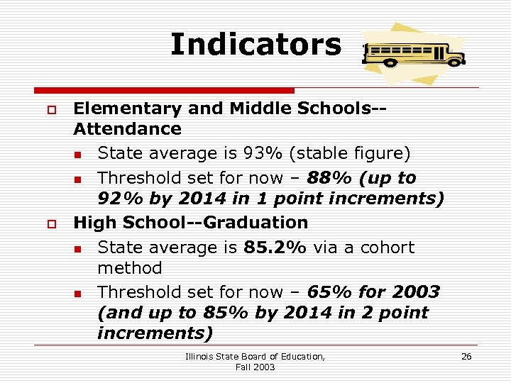 Indicators o o Elementary and Middle Schools-Attendance n State average is 93% (stable figure)