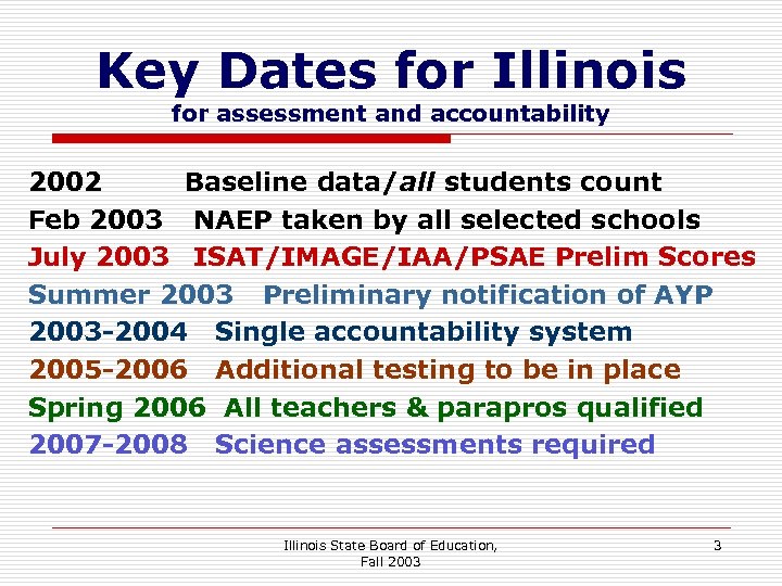 Key Dates for Illinois for assessment and accountability 2002 Baseline data/all students count Feb