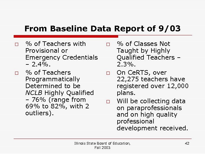 From Baseline Data Report of 9/03 o o % of Teachers with Provisional or