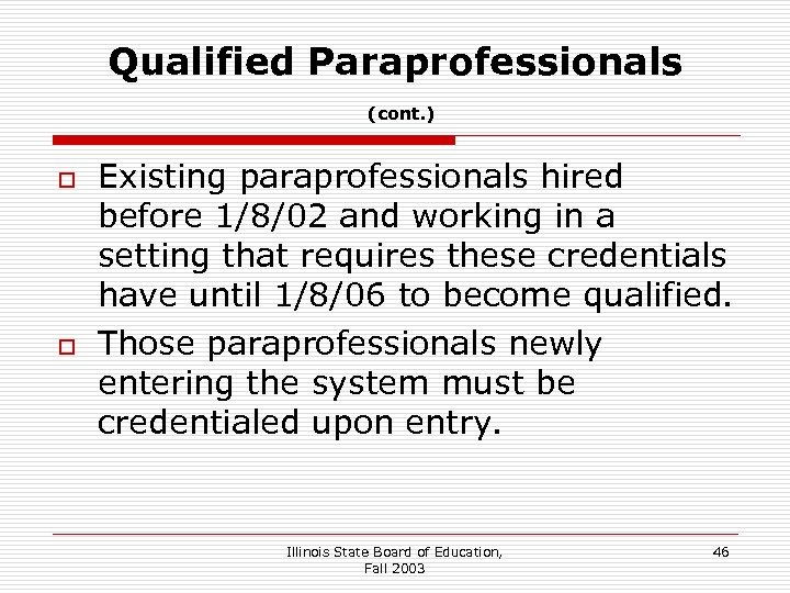 Qualified Paraprofessionals (cont. ) o o Existing paraprofessionals hired before 1/8/02 and working in