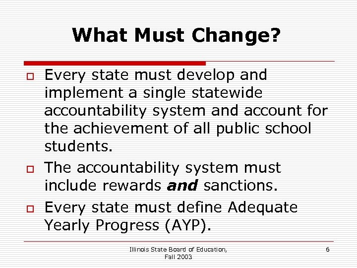 What Must Change? o o o Every state must develop and implement a single