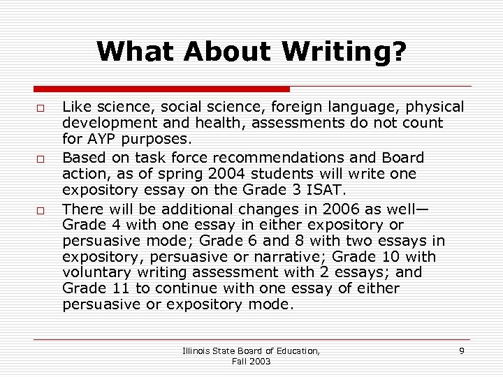 What About Writing? o o o Like science, social science, foreign language, physical development