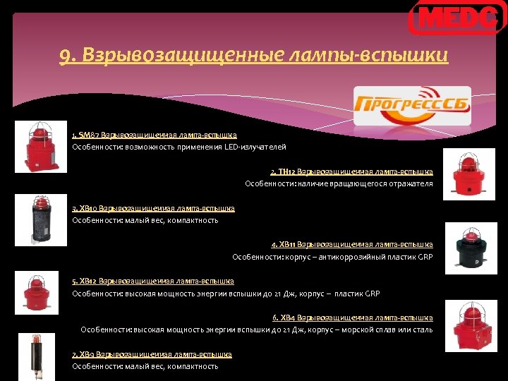 9. Взрывозащищенные лампы-вспышки 1. SM 87 Взрывозащищенная лампа-вспышка Особенности: возможность применения LED-излучателей 2. TH