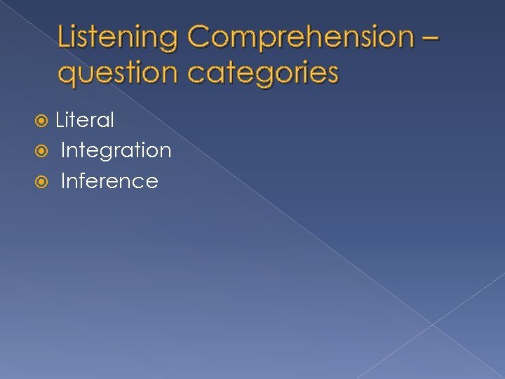 Listening Comprehension – question categories Literal Integration Inference 
