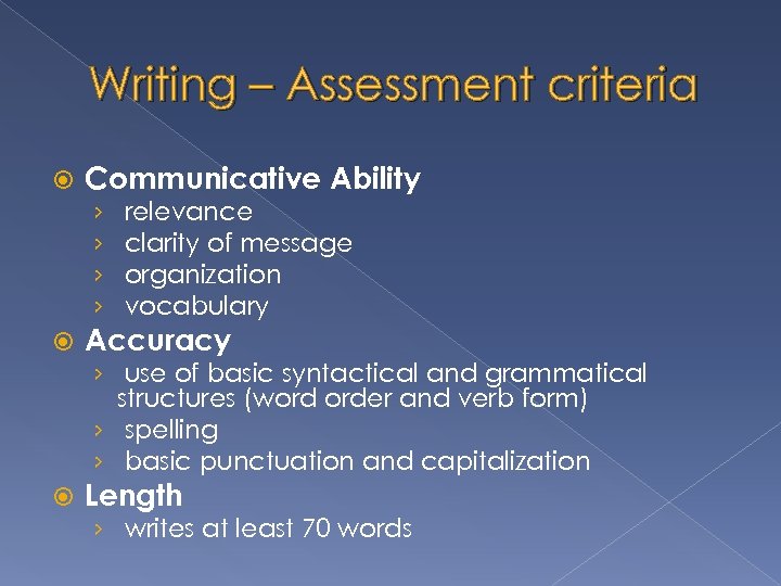 Writing – Assessment criteria Communicative Ability › › relevance clarity of message organization vocabulary