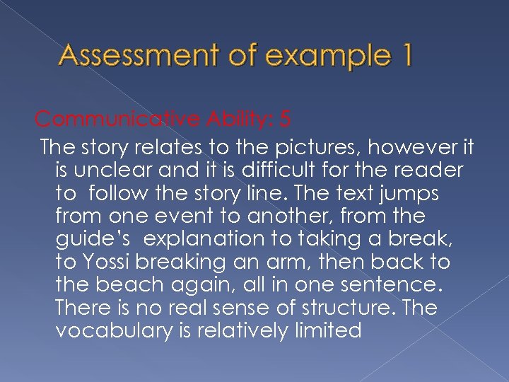 Assessment of example 1 Communicative Ability: 5 The story relates to the pictures, however