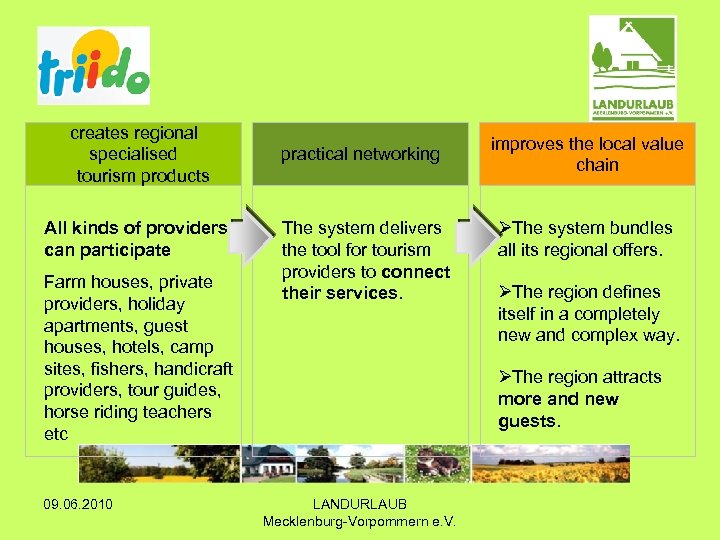 creates regional specialised tourism products All kinds of providers can participate Farm houses, private