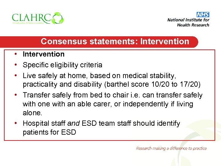 Consensus statements: Intervention • Specific eligibility criteria • Live safely at home, based on