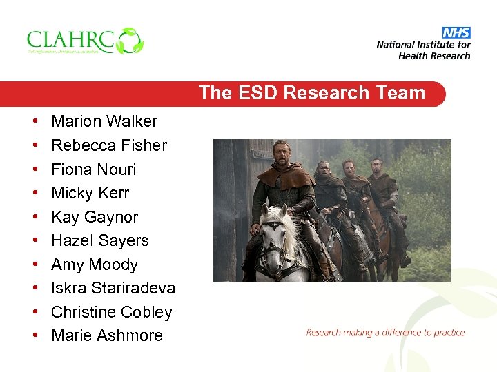 The ESD Research Team • • • Marion Walker Rebecca Fisher Fiona Nouri Micky