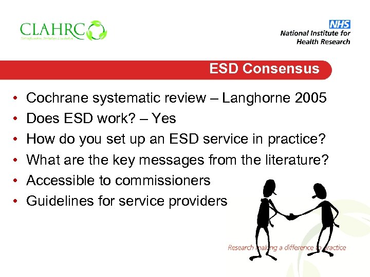 ESD Consensus • • • Cochrane systematic review – Langhorne 2005 Does ESD work?