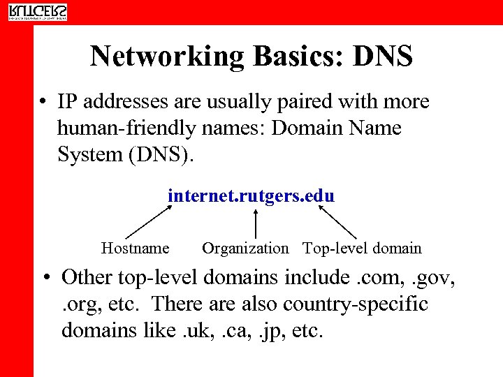 Networking Basics: DNS • IP addresses are usually paired with more human-friendly names: Domain