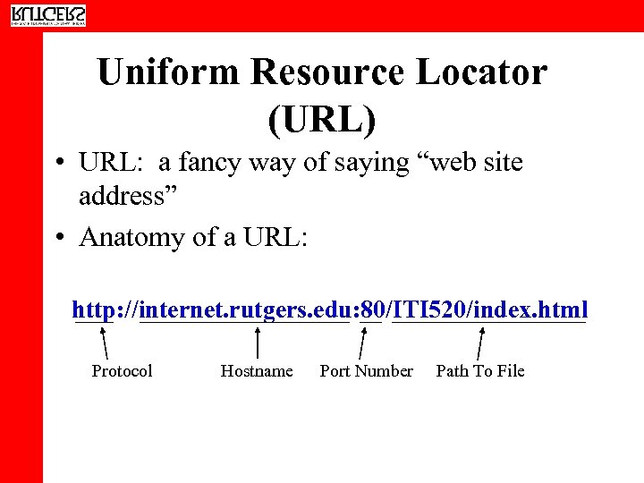 Uniform Resource Locator (URL) • URL: a fancy way of saying “web site address”