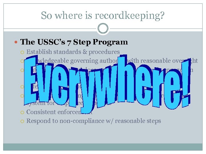 So where is recordkeeping? The USSC’s 7 Step Program Establish standards & procedures Knowledgeable