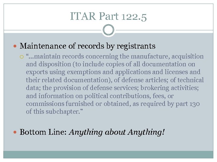 ITAR Part 122. 5 Maintenance of records by registrants “…maintain records concerning the manufacture,