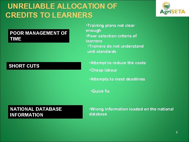  UNRELIABLE ALLOCATION OF CREDITS TO LEARNERS POOR MANAGEMENT OF TIME SHORT CUTS •
