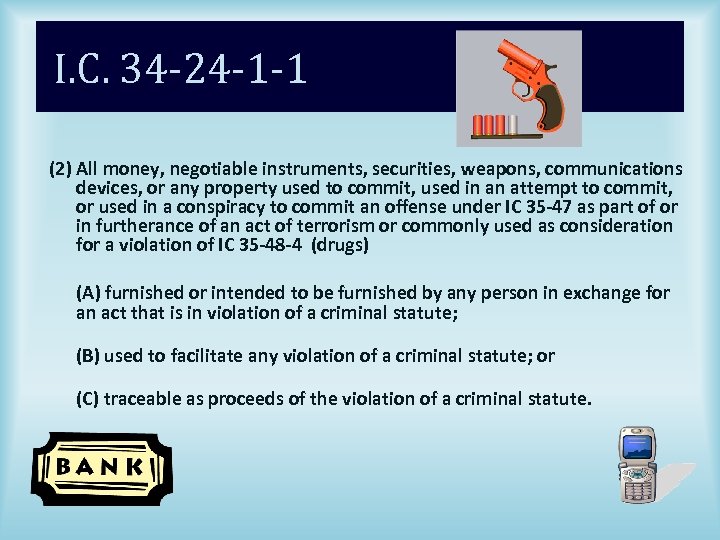 I. C. 34 -24 -1 -1 (2) All money, negotiable instruments, securities, weapons, communications
