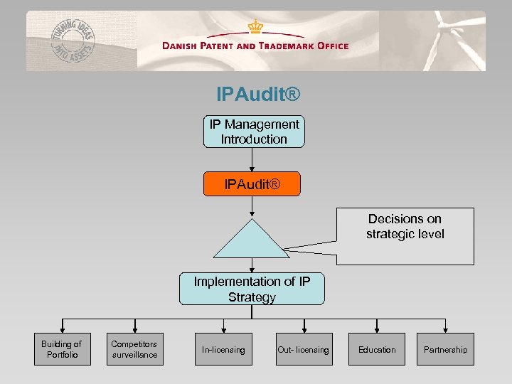 IPAudit® IP Management Introduction IPAudit® Decisions on strategic level Implementation of IP Strategy Building