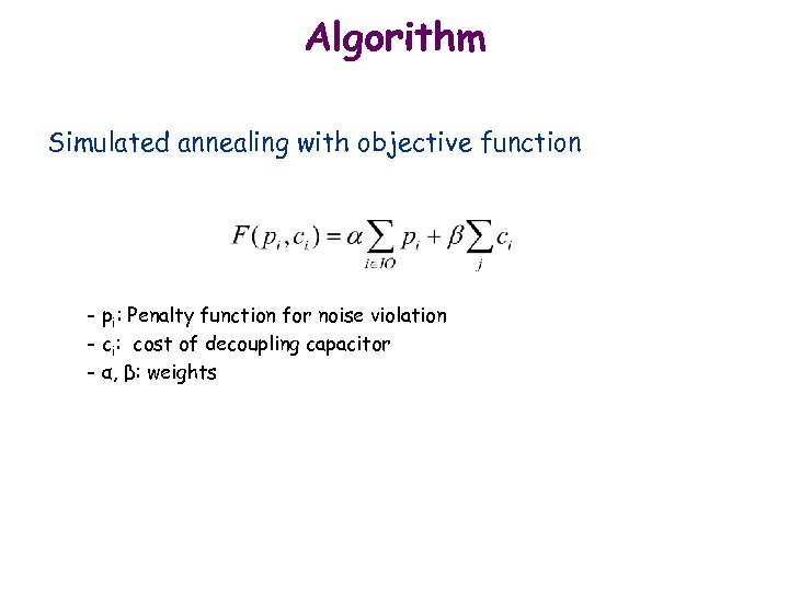 Algorithm Simulated annealing with objective function pi: Penalty function for noise violation – ci: