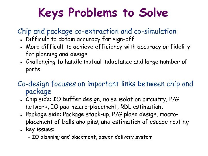 Keys Problems to Solve Chip and package co-extraction and co-simulation n Difficult to obtain