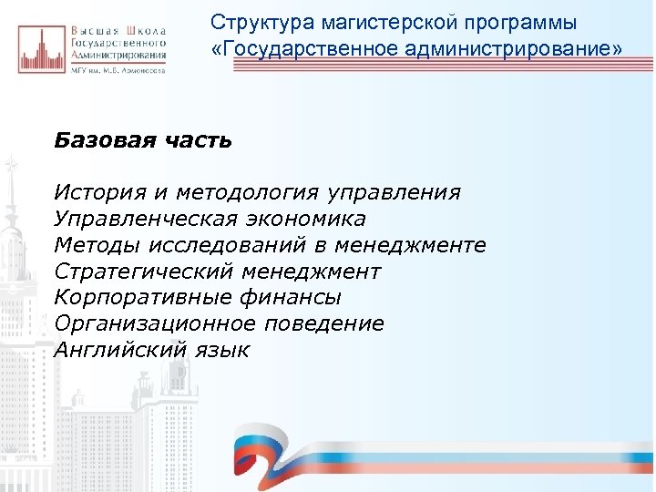 Структура магистерской программы «Государственное администрирование» Базовая часть История и методология управления Управленческая экономика Методы