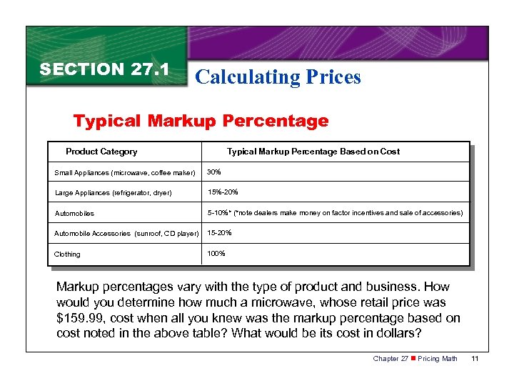 SECTION 27. 1 Calculating Prices Typical Markup Percentage Product Category Typical Markup Percentage Based