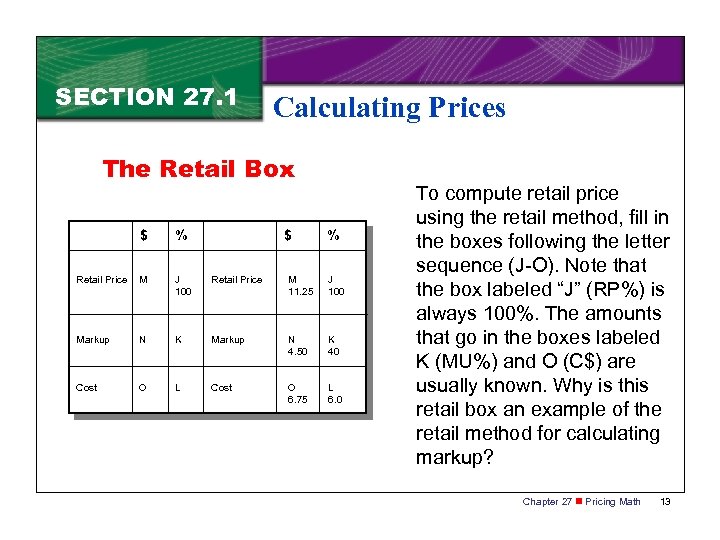 SECTION 27. 1 Calculating Prices The Retail Box $ % Retail Price M J
