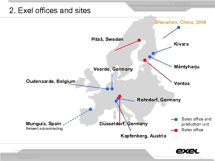 2. Exel offices and sites Shenzhen, China, 2006 Piteå, Sweden Kivara Mäntyharju Voerde, Germany