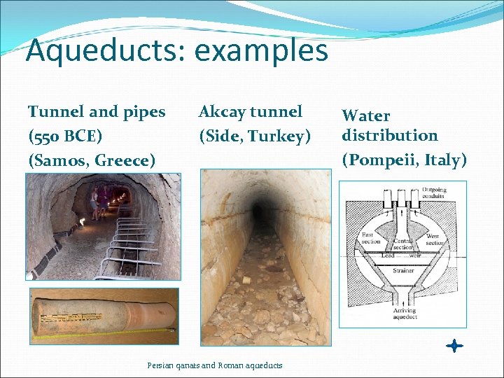 Aqueducts: examples Tunnel and pipes (550 BCE) (Samos, Greece) Akcay tunnel (Side, Turkey) Persian