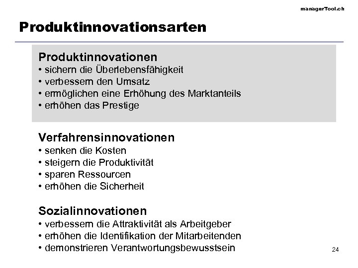 manager. Tool. ch Produktinnovationsarten Produktinnovationen • sichern die Überlebensfähigkeit • verbessern den Umsatz •