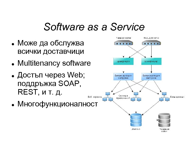 Software as a Service Може да обслужва всички доставчици Multitenancy software Достъп через Web;