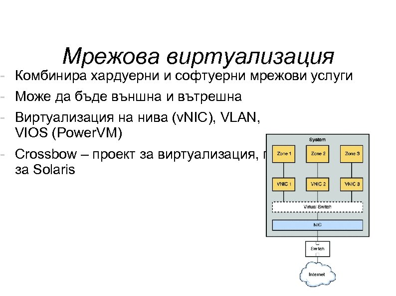 Мрежова виртуализация - Комбинира хардуерни и софтуерни мрежови услуги - Може да бъде външна