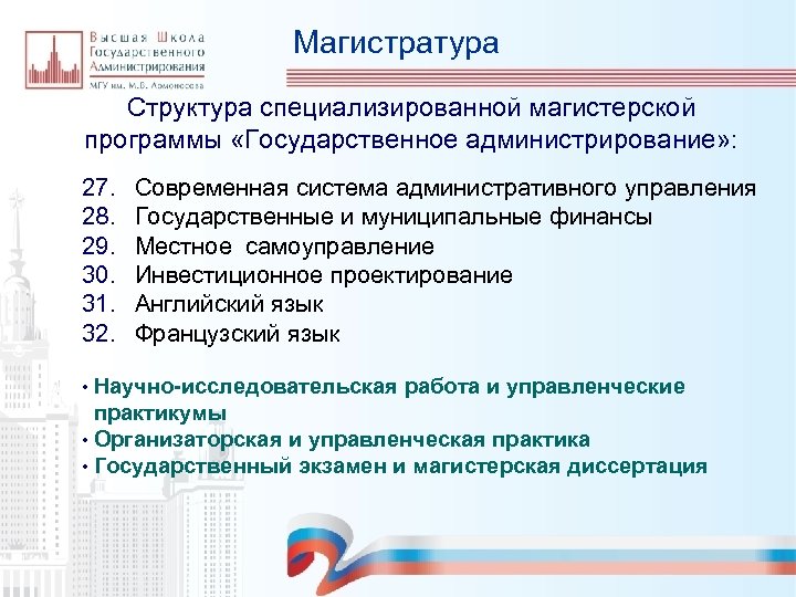 Магистратура Структура специализированной магистерской программы «Государственное администрирование» : 27. 28. 29. 30. 31. 32.