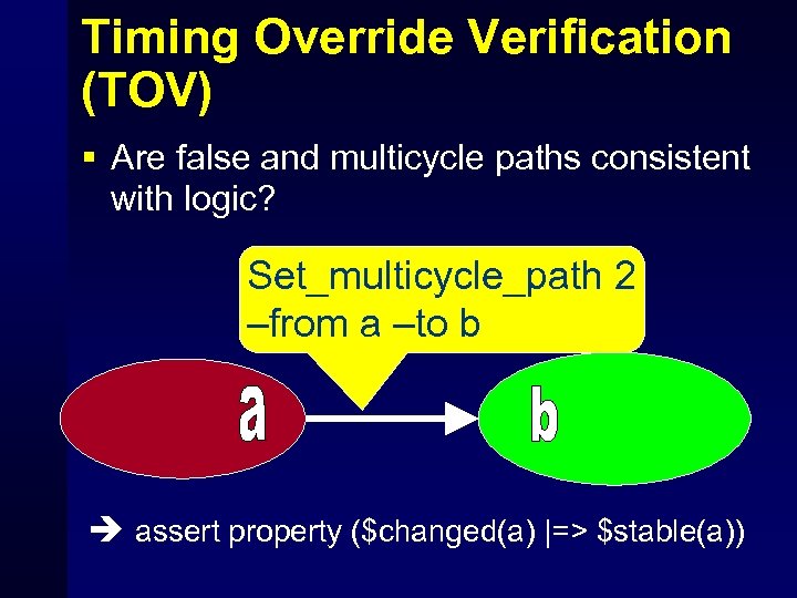 Timing Override Verification (TOV) § Are false and multicycle paths consistent with logic? Set_multicycle_path