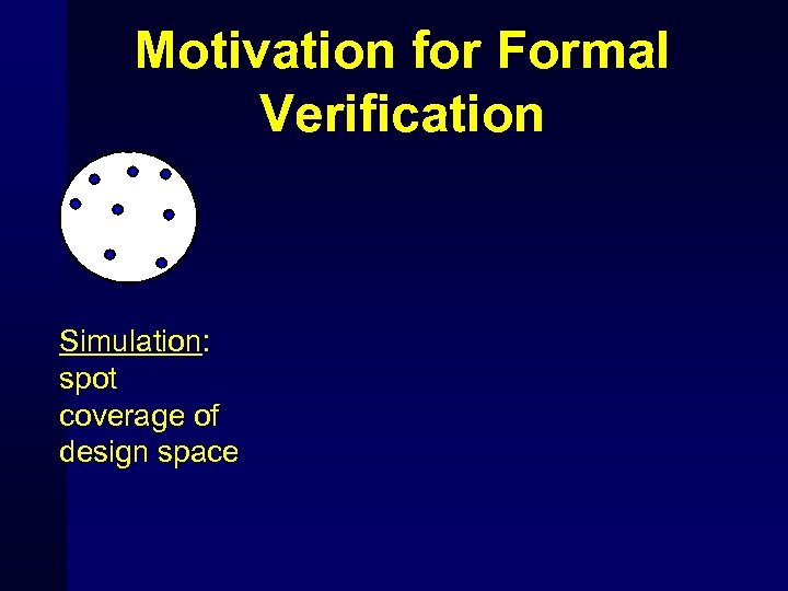 Motivation for Formal Verification Simulation: spot coverage of design space 