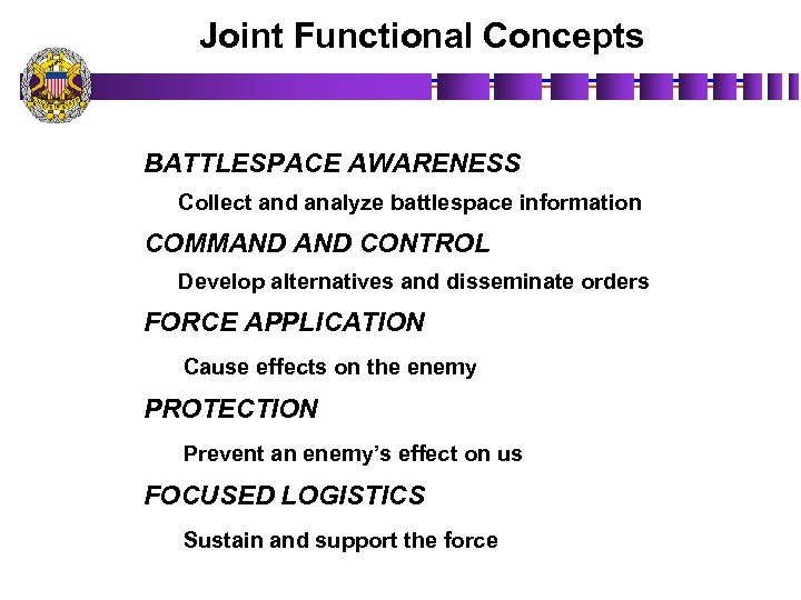 Joint Functional Concepts BATTLESPACE AWARENESS Collect and analyze battlespace information COMMAND CONTROL Develop alternatives