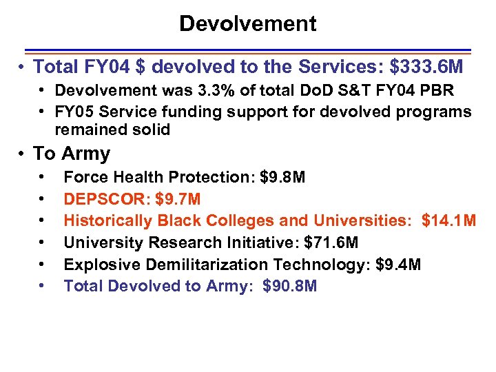 Devolvement • Total FY 04 $ devolved to the Services: $333. 6 M •