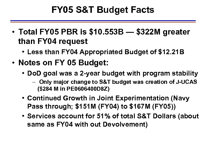 FY 05 S&T Budget Facts • Total FY 05 PBR is $10. 553 B