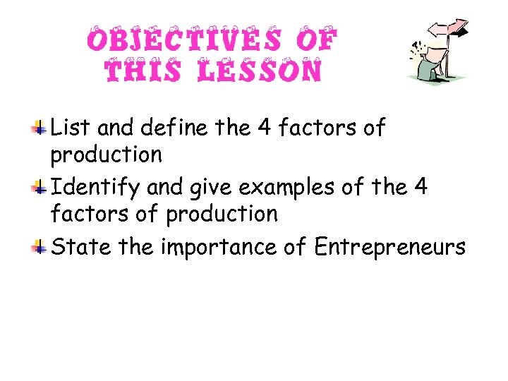 List and define the 4 factors of production Identify and give examples of the