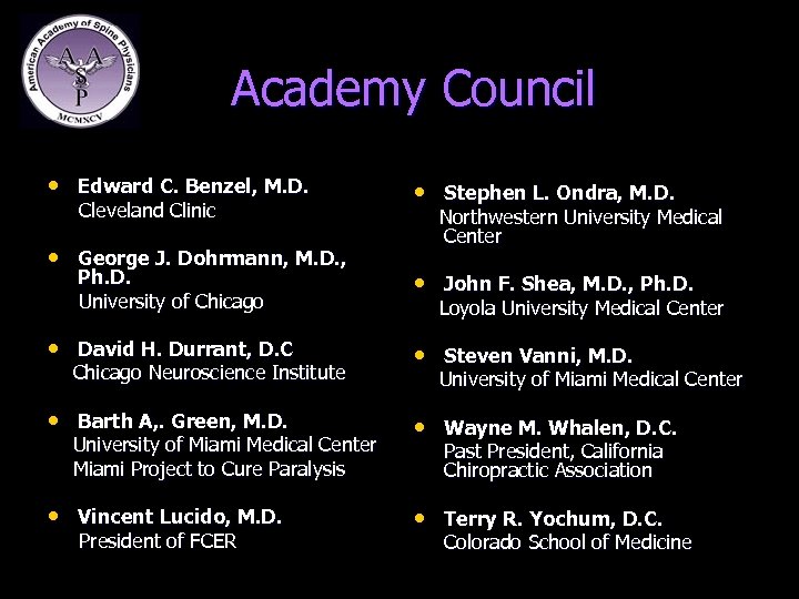  Academy Council • Edward C. Benzel, M. D. Cleveland Clinic • George J.