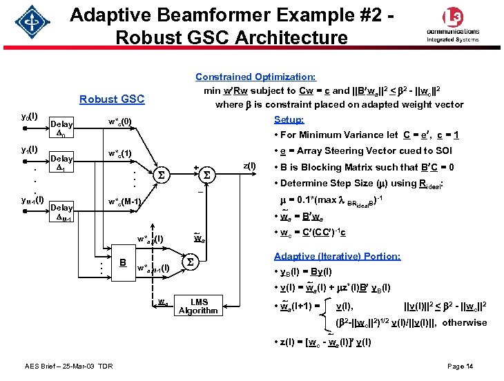 Adaptive Beamformer Example #2 Robust GSC Architecture Constrained Optimization: min w¢Rw subject to Cw