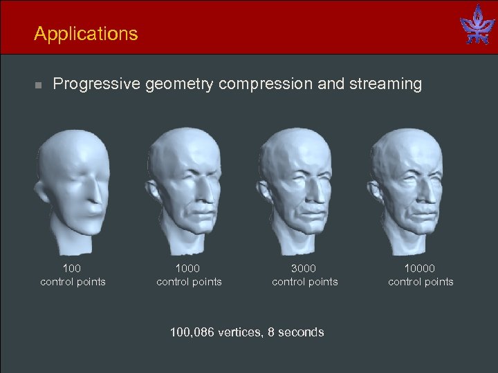 Applications n Progressive geometry compression and streaming 100 control points 1000 control points 3000