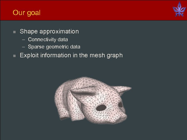 Our goal n Shape approximation – Connectivity data – Sparse geometric data n Exploit