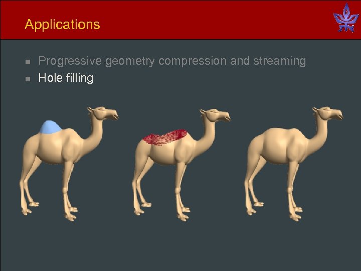 Applications n n Progressive geometry compression and streaming Hole filling 