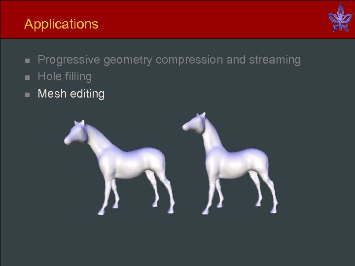Applications n n n Progressive geometry compression and streaming Hole filling Mesh editing 